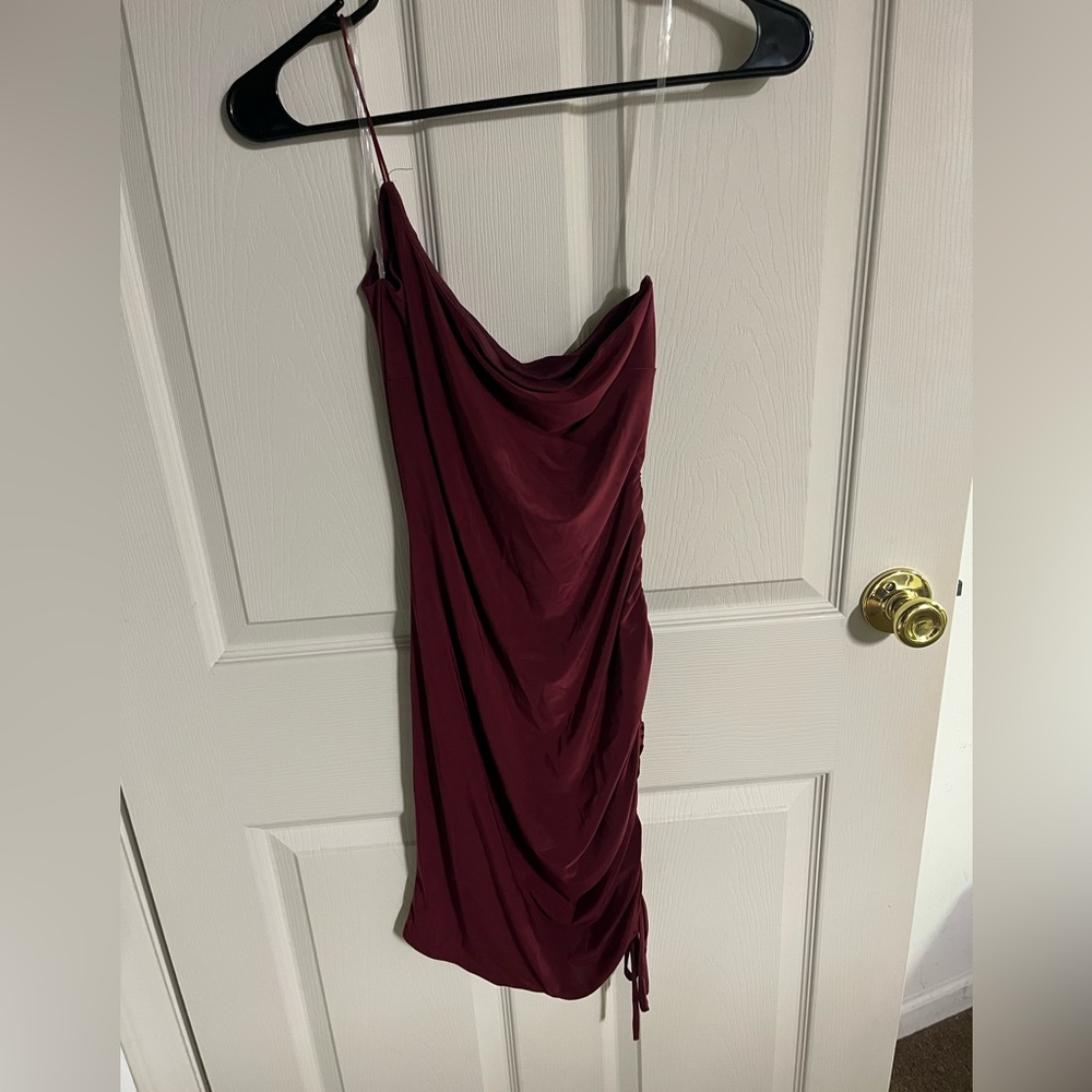 One shoulder burgundy Windsor dress